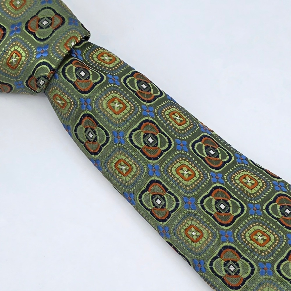 Peter Millar 100% Silk Tie Olive Green Geometric‎ Medallion Orange Blue USA Made